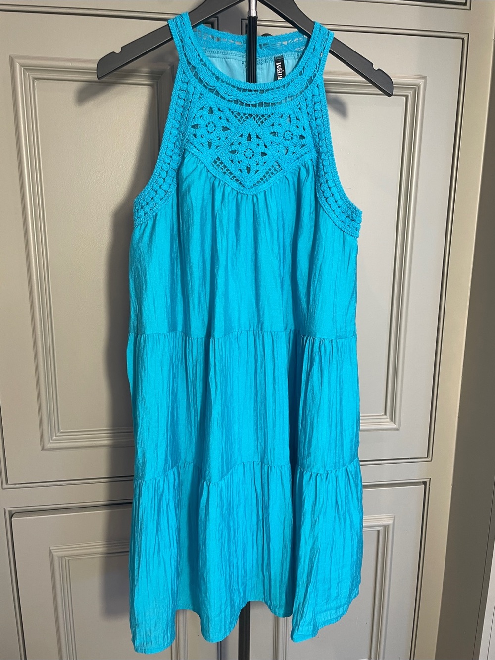 Dopamine Bright Turquoise Crochet Yoke Sleeveless Coastal Sundress Lined
